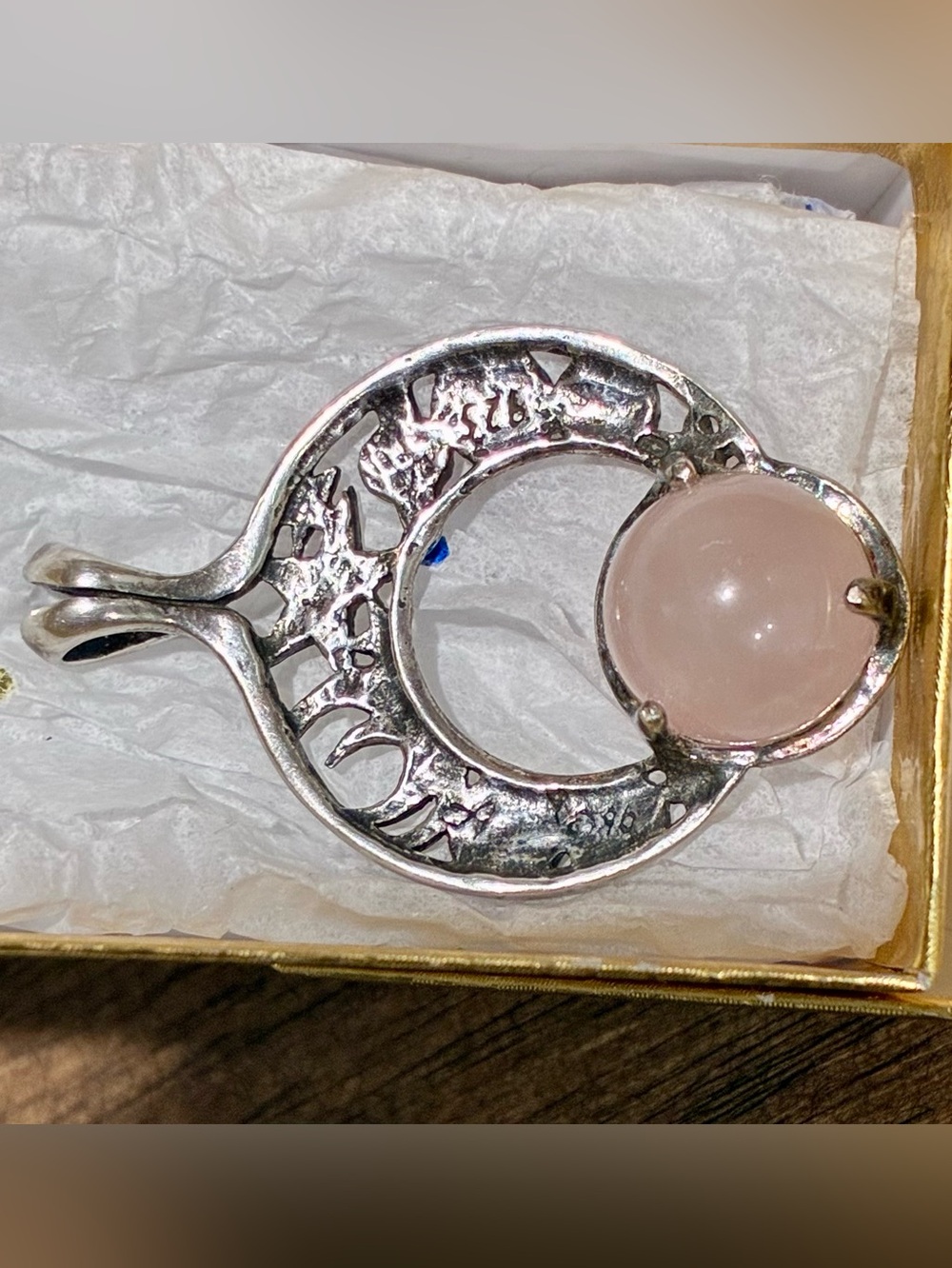 Vintage Silver Celestial Pendant Necklace with Rose Quartz - Picture 3 of 7